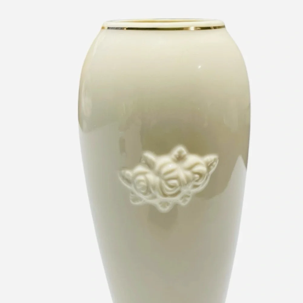 Vintage Lenox Ivory Rose Vase 24K Gold Trim Embossed Porcelain 7.5